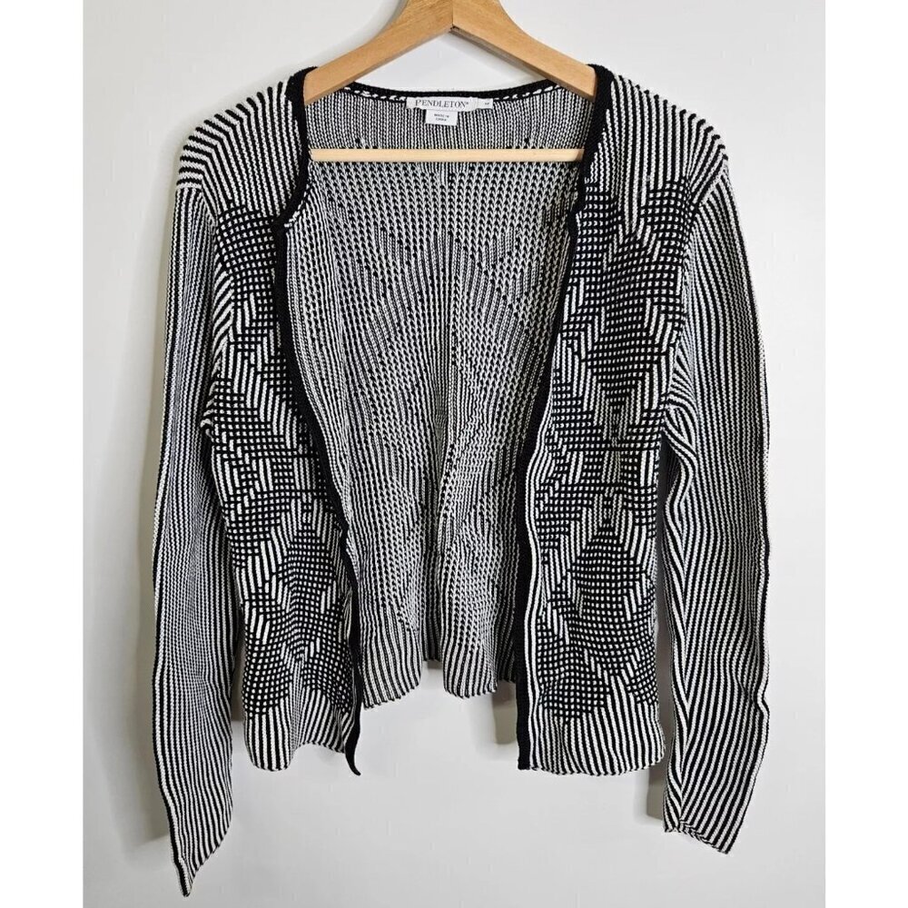 Pendleton Cardigan Aztec Geometric Print Open Front Black White Women's Medium